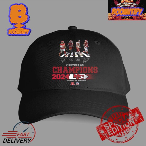 Congrats Kansas City Chiefs Are 2024 AFC Champions NFL Playoffs Team Abbey Road To The Victory Signatures Premium Cap Hat Snapback