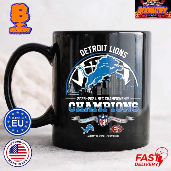 Detroit Lions Defeats San Francisco 49ers Become 2024 NFC Championship Champions NFL Playoffs On Jan 28 2024 At Levi Stadium Skyline Detroit City Mug