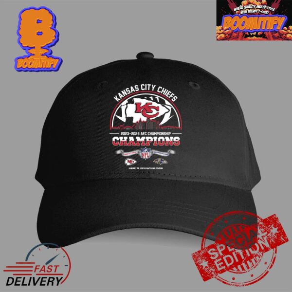 Kansas City Chiefs Defeats Baltimore Ravens Become 2024 AFC Championship Champions NFL Playoffs On Jan 28 2024 At M And T Bank Stadium Skyline Kansas City Cap Hat Snapback