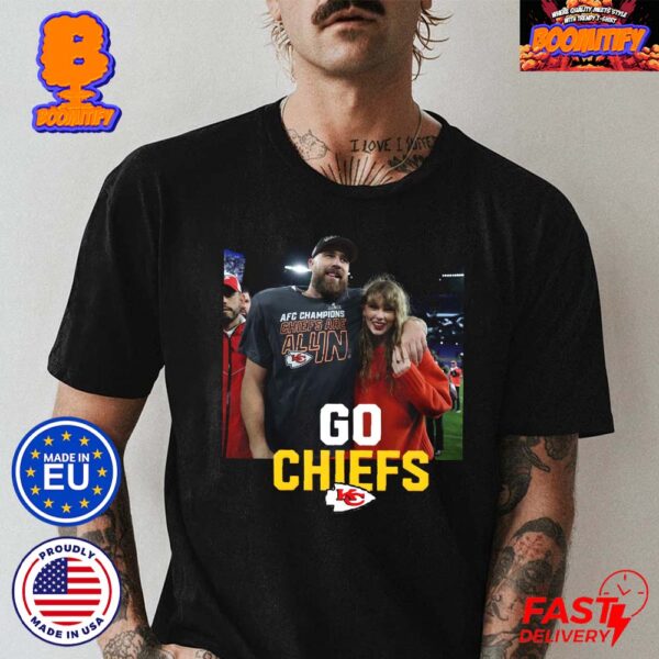 Taylor Swift And Travis Kelce After Kansas City Chiefs AFC Championship Game Champions Heading To The Super Bowl LVIII Go Chiefs Unisex T-Shirt