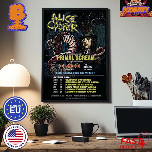 Alice Cooper Too Close For Comfort UK Fall Tour List Wall Decor Poster Canvas