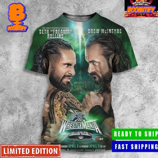 WWE Wrestle Mania 40 WWE World Heavyweight Champion Seth Rollins Defends Against Drew McIntyre Head To Head Poster All Over Print Shirt