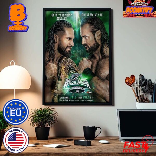 WWE Wrestle Mania 40 WWE World Heavyweight Champion Seth Rollins Defends Against Drew McIntyre Head To Head Poster Canvas For Home Decor